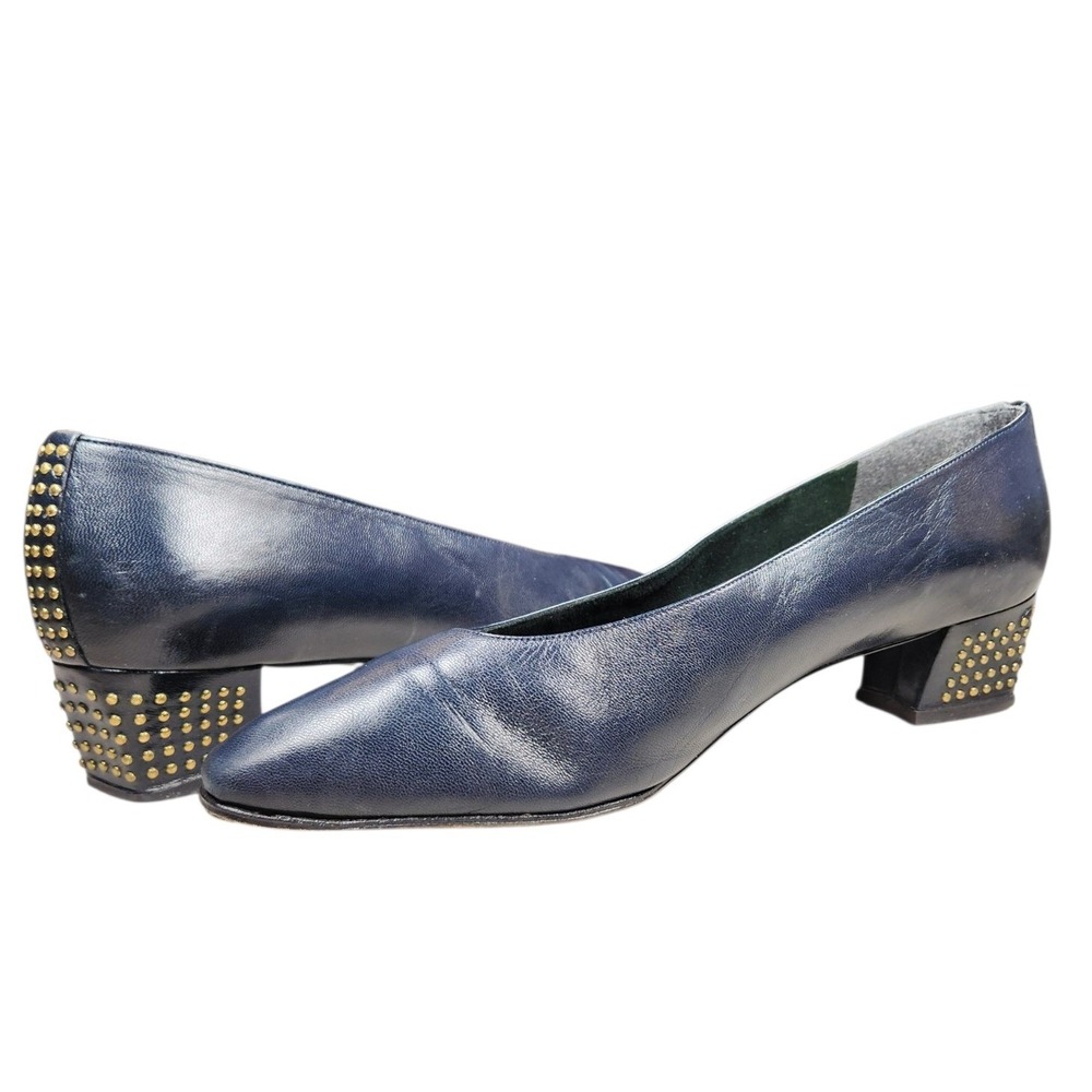 VTG Stuart Weitzman Navy Leather Studded Block Heel Pumps 80s Retro Officecore 8